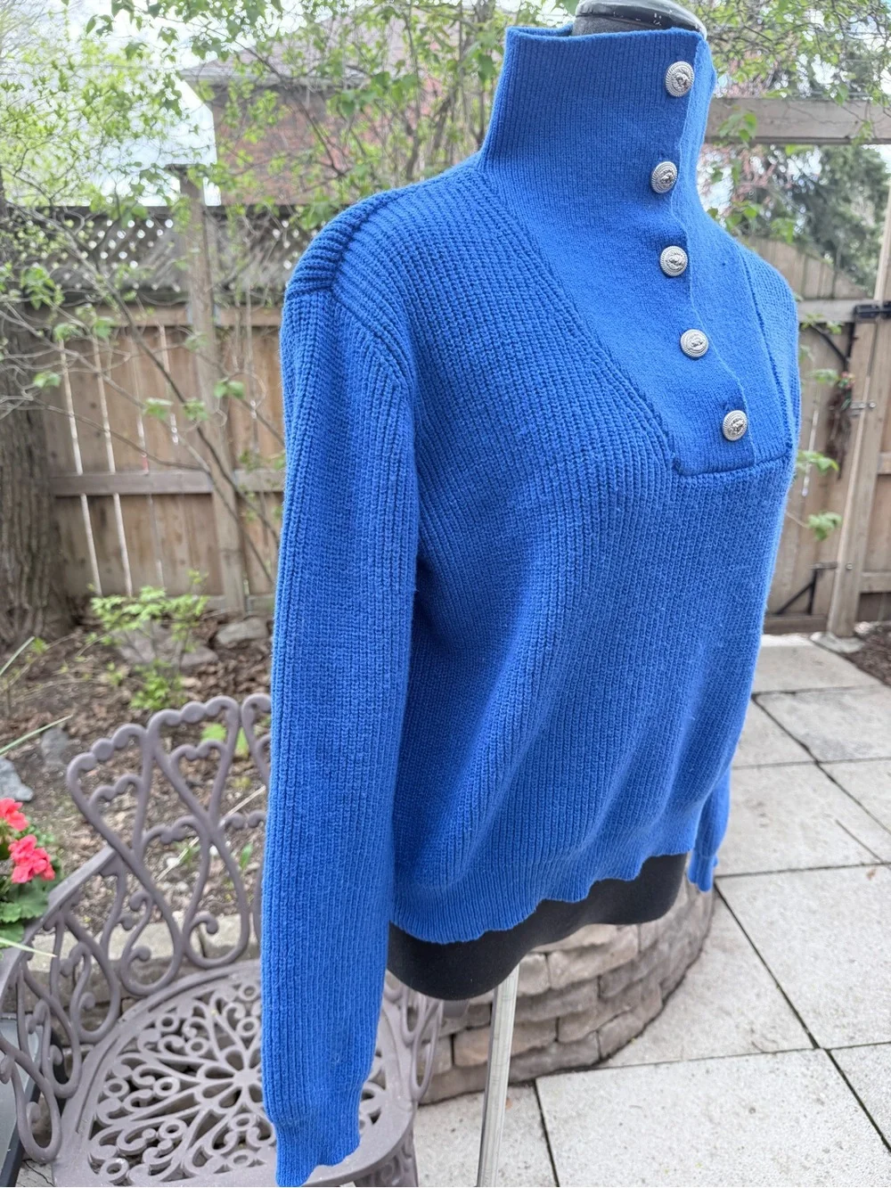 Blue Button-Neck Women’s Sweater - Picture 3 of 10